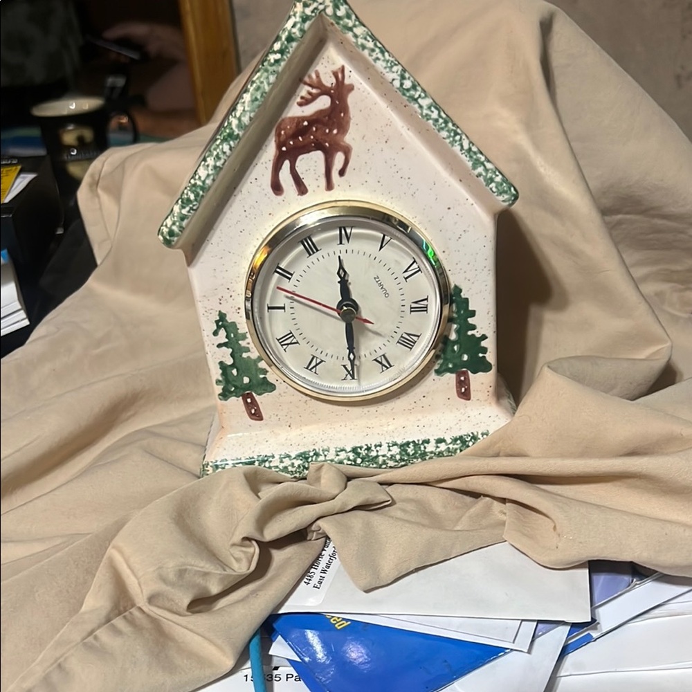 Rustic Green and White Wall Clock with Deer Design